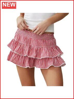 Plaid Ruffle Mini Skirt A-Line Layered Y2K Summer Beach Skirt